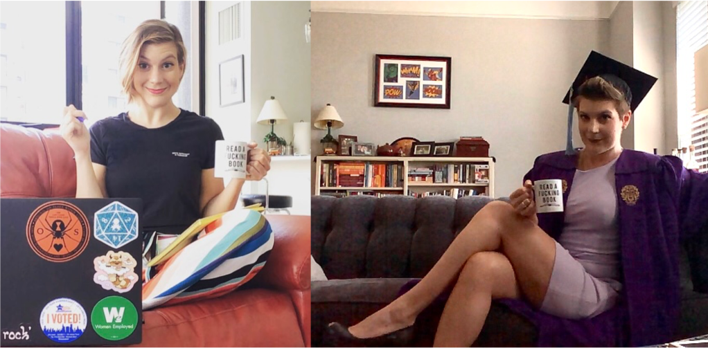 Two selfies side-by-side. One is of Kate in 2021 sitting on her couch with a laptop, pen and mug that says "Read a Fucking Book." The other is of Kate in 2024, sitting on a different couch in her graduation gown with the same coffee mug.