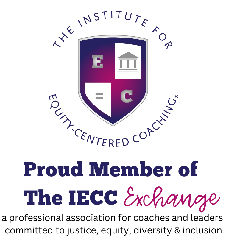 A purple and white shield surrounded by words: "The Institute for Equity-Centered Coaching." Under it is the text "Proud Member of The IECC Exchange: A professional association for coaches and leaders committed to justice, equity, diversity & inclusion."